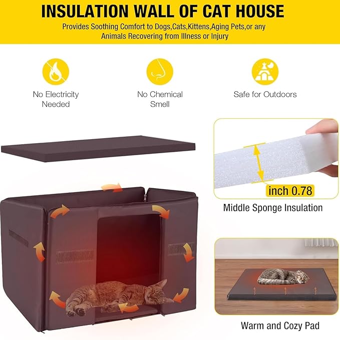 Cat House Outdoor Dog House with Insulation Liner Rabbit Hutch Feral Kitty Shelter for Outdoor Cats Cat Shelter for Winter