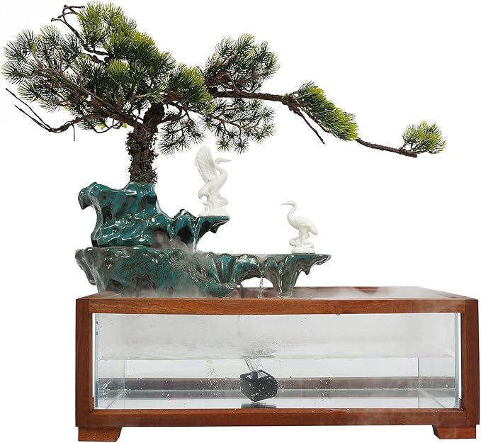 Antique-Style Tabletop Water Fountain with Fish Tank & Atomizer - Desktop Decor with Crane Statues, Simulated Pine, LED Light & Feng Shui Symbolism for Indoor Home/Office Decoration