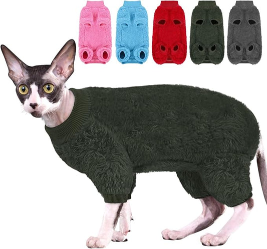 SUNFURA Sphynx Hairless Cat Sweater, Full Body Warm Fleece Sweaters with Sleeves for Cats, Soft Turtleneck Cat Clothes, Cozy Pullover Pajamas for Hairless Cats Devon, Donskoy, Army Green S