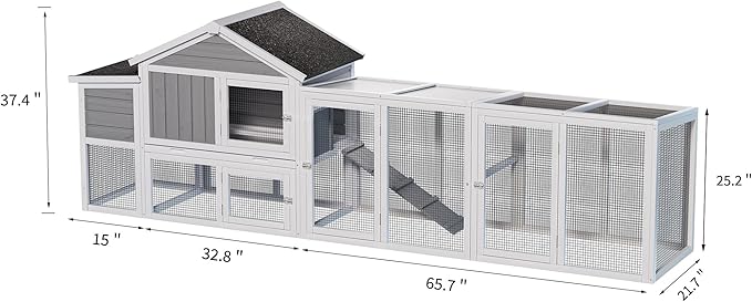 113.5" Gray Large Wooden Chicken Coop with Run – Outdoor Hen House for 2-4 Chickens, Waterproof & UV-Resistant Roof, Nesting Box with Hinged Lid, Sliding Door, Removable Tray, Secure & Easy-Clean