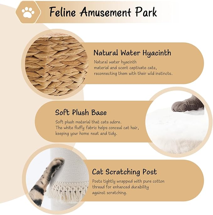 Cat Tree Tower, Natural Material Cat Condo with Handwoven Nest Basket Bed, Cotton Scratching Post, Funny Hanging Toy Ball, 2 Sides Cushion Top Perch, Water Hyacinth