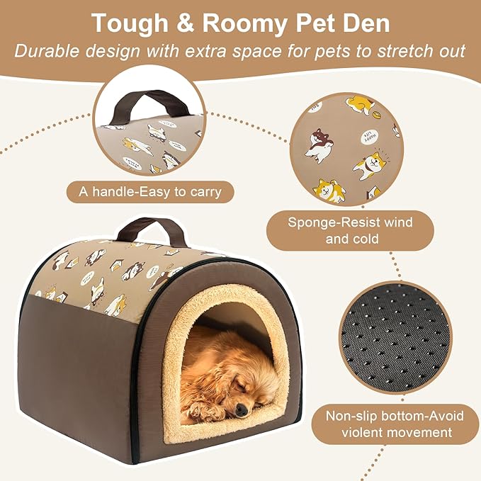 Jiupety Indoor Dog House, 2 in 1 Portable Foldable House Bed with Cover, Pet Tent & Cave Bed for Small Medium Dog, L(21"×17"×15"), Up to 16 Lb, Brown