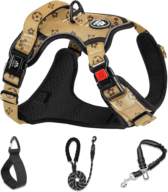 NESTROAD No Pull Dog Harness,Adjustable Oxford Dog Vest Harness with Leash,Reflective No-Choke Pet Harness with Easy Control Soft Handle for Large Dogs(X-Large,Light Brown)