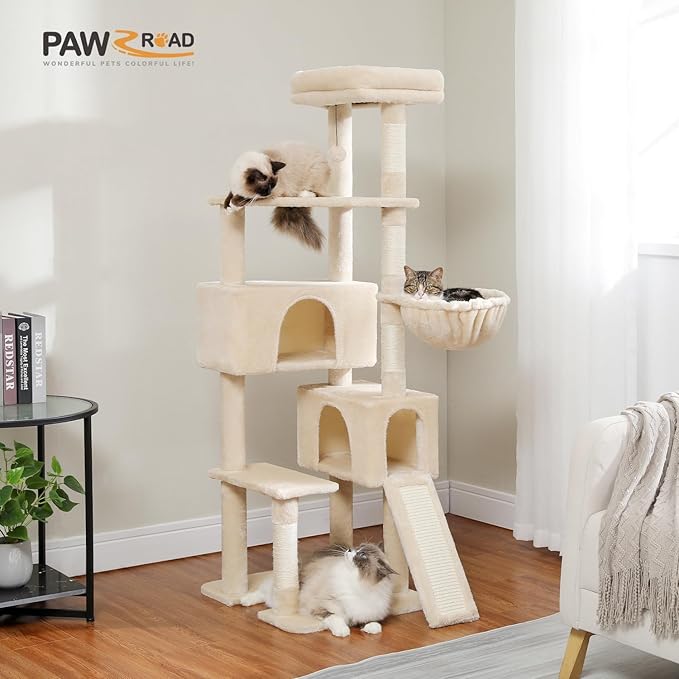 PAWZ Road Cat Tree, 60 Inches Cat Tower with Dual Condos, Spacious Perch, Cozy Basket and Sisal-Covered Scratching Posts for Indoor Cats- Beige