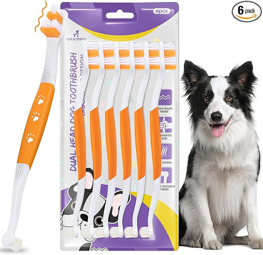 Dog Toothbrush – Newly Upgraded Dual-Head Design with 60° Wavy Bristles–Gently Surrounds Teeth for Deep Cleaning and Plaque Removal – Non-Slip Handle, Ideal for Daily Pet Dental Care (Orange, 6-Pack)