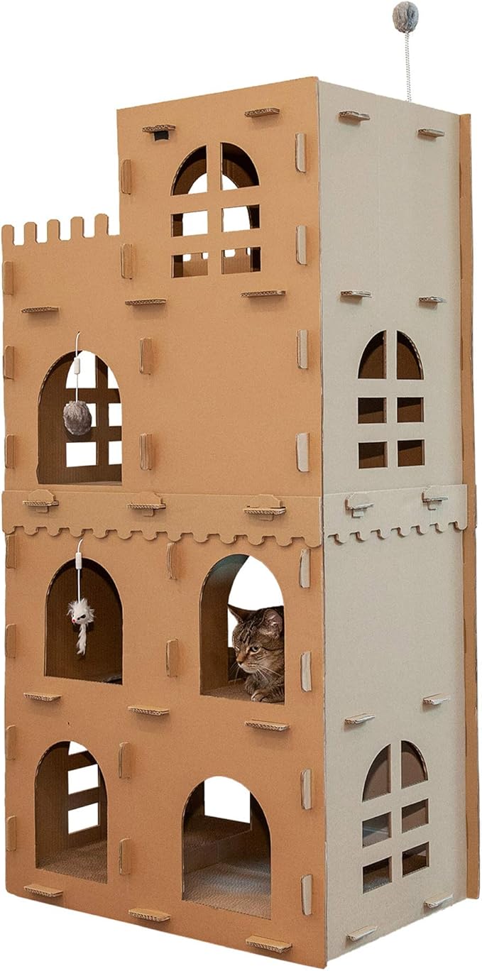 Furhaven Multi-Level Cardboard Cat Condo w/ Catnip for Indoor Cats, Ft. Scratching Pads & Toys - High Castle Tower Corrugated Cat Scratcher Hideout - Cardboard Brown, One Size