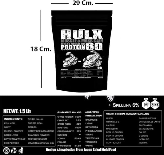 HULX Koi Fish Food Sinking Pellets for Big Muscle & Mass Weight Gain, Whey Mixed High Protein 60% Fast Growth Formula 1.3 Lb.(600 Gram.) 2mm, Healthy Nutrition Color Enhancer, Clear Water Pond Food