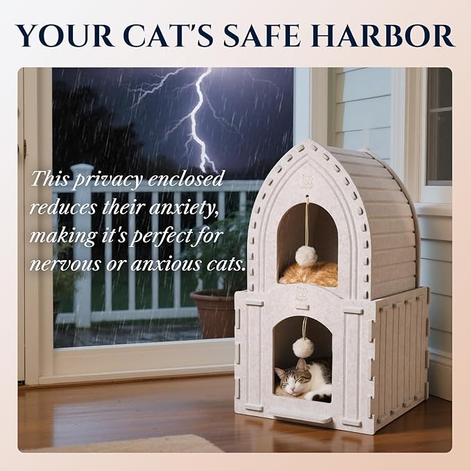 Apasiri 2-Story Cat House for Indoor Cats: Convertible 2-in-1 Felt Cat Condo, Scratch-Resistant Cat Beds, Hideaway Cave for Multi Small Pet Kitten to Relief Anxious, Transitional Modern Cat Furniture