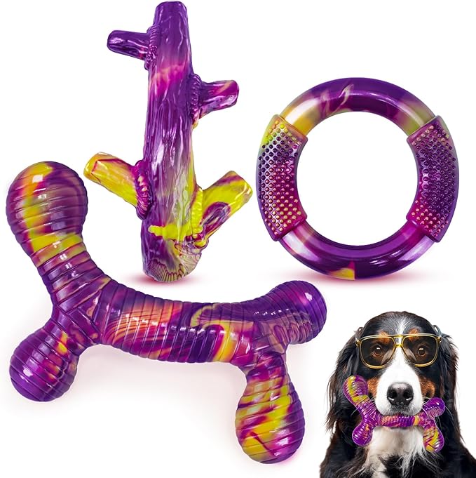 Indestructible Dog Toy 3Pack, Dog Chew Toys for Aggressive Chewers, Tough Dog Toys to Keep Them Busy for Medium Large Breed, Bacon Flavor (Purple)