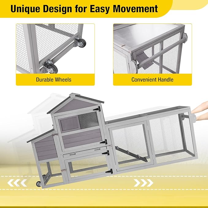 Aivituvin Chicken Coop On Wheels Mobile Hen House Outdoor Wooden Poultry Cage with Run for 2-4 Chickens, UV Protection, Nesting Box, Pull-Out Tray (Gray)