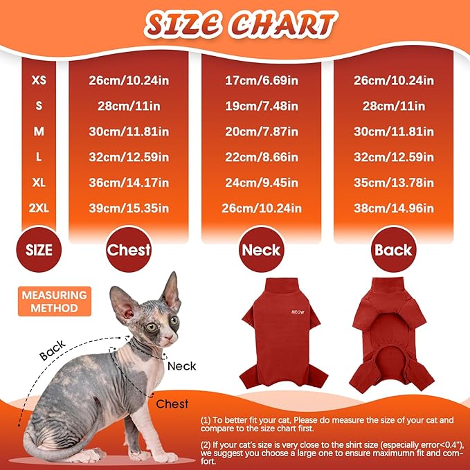 ROZKITCH Hairless Cat Clothes, Breathable Soft Cat Jumpers for Cats Only, Cat Coat with Four Legs, Warm Cat Sweater Cat T-Shirt Cat Pajamas Jumpsuit Vest Cornish Rex Devon Rex Peterbald Red 2XL