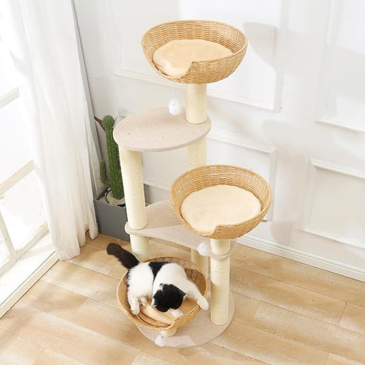 SHENGOCASE Modern Cat Tree Tower, 3 Large Rattan Wicker Basket Beds, Window Perch for Cats up to 20 lbs