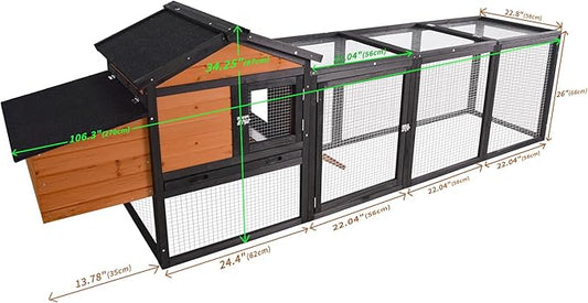 106”Solid Wood Chicken Coop for 3-4 Chickens,Outdoor Hen House Poultry Pet Hutch with Run Cage and Nesting Box,Waterproof Asphalt Roof Ramp,Removable Tray Wire Fence for Backyard