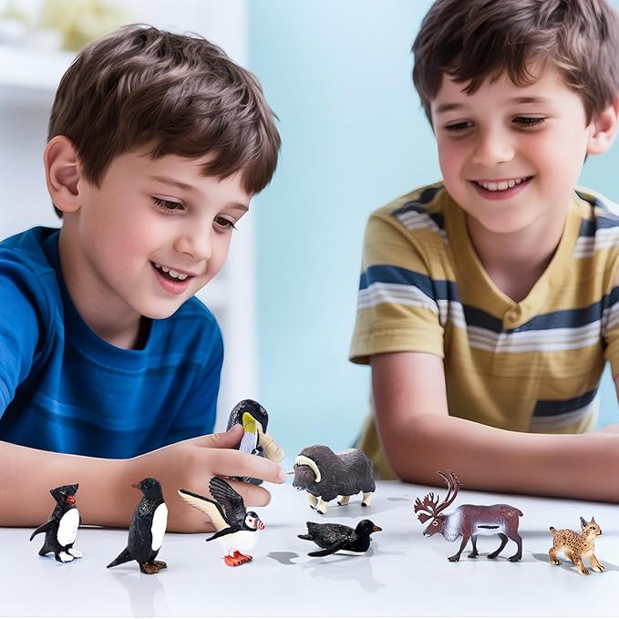 SIENON 60Pcs Arctic Animal Toy Set Includes 23Pcs Mini Polar Animals with Polar Bear, Penguin, Caribou, Puffin, Lynx, 1pc Igloo, 4Pcs Pine Trees, 32Pcs Fake Ice Rocks for School Project Cake Toppers