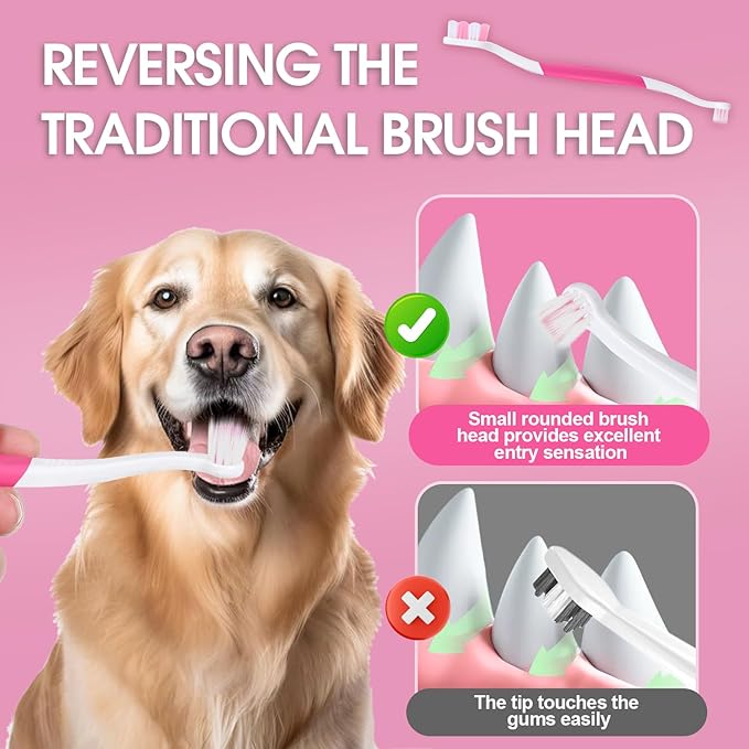 Dog Toothbrush – Newly Upgraded Dual-Head Design with 60° Wavy Bristles – Gently Surrounds Teeth for Deep Cleaning and Plaque Removal – Non-Slip Handle, Ideal for Daily Pet Dental Care (Pink, 1-Pack)
