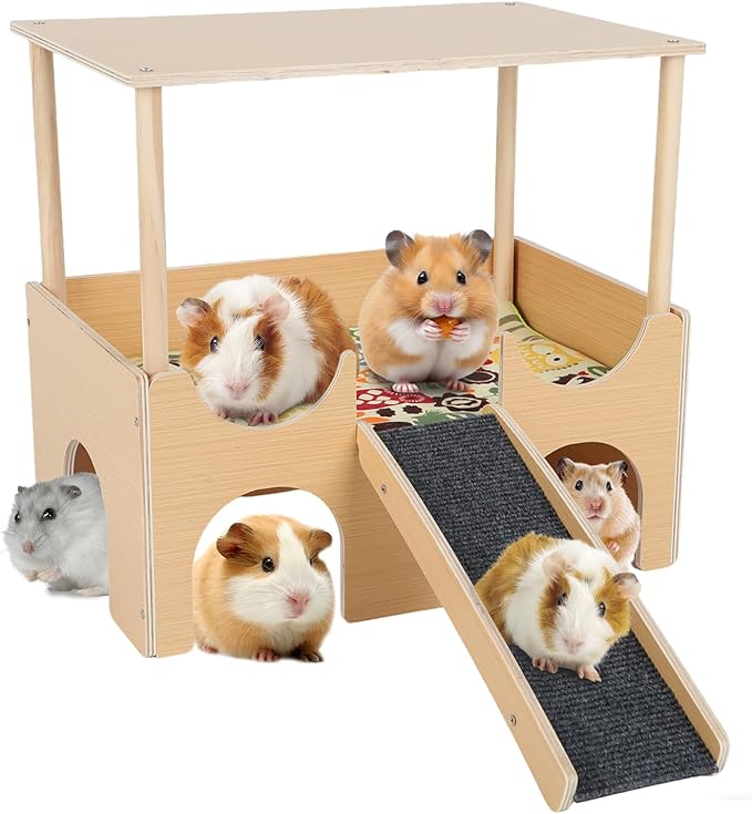 Guinea Pig Hideout Castle 2 Tierd Sturdy Wooden Hamster Castle Detachable Guinea Pig Hideout House with Ramp and Cushion Small Animal House Hut Habitats for Chinchillas Playing Hiding (Double Decker)