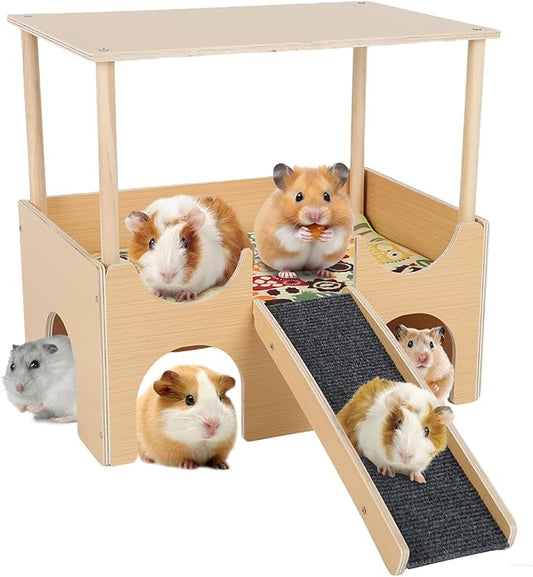Guinea Pig Hideout Castle 2 Tierd Sturdy Wooden Hamster Castle Detachable Guinea Pig Hideout House with Ramp and Cushion Small Animal House Hut Habitats for Chinchillas Playing Hiding (Double Decker)
