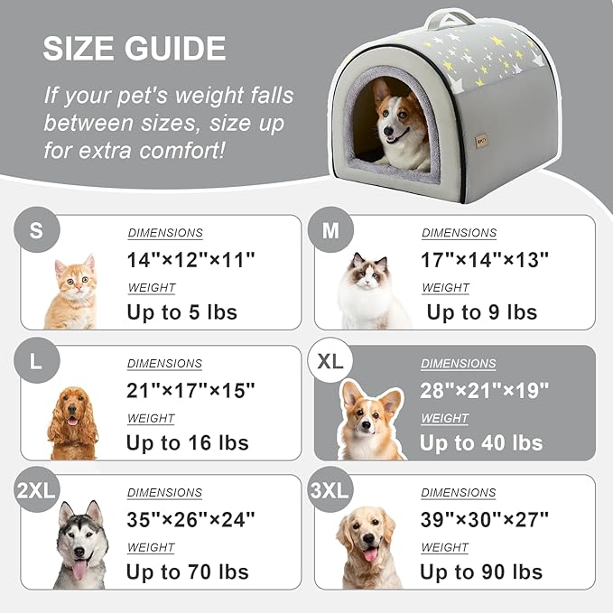 Jiupety Indoor Dog House, 2-in-1 Portable Foldable House Bed with Cover, Pet Tent & Cave Bed for Medium Dogs, XL(28"×21"×19"), Up to 40 Lb, Grey