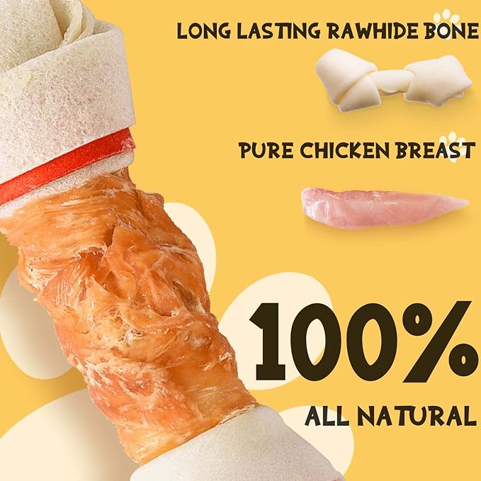 ASMPET Dog Treats Chews, 6.5" Chicken Wrapped Rawhide Knotted Bones Dental Care Chews for Small Medium Large Breeds（4 Pieces）