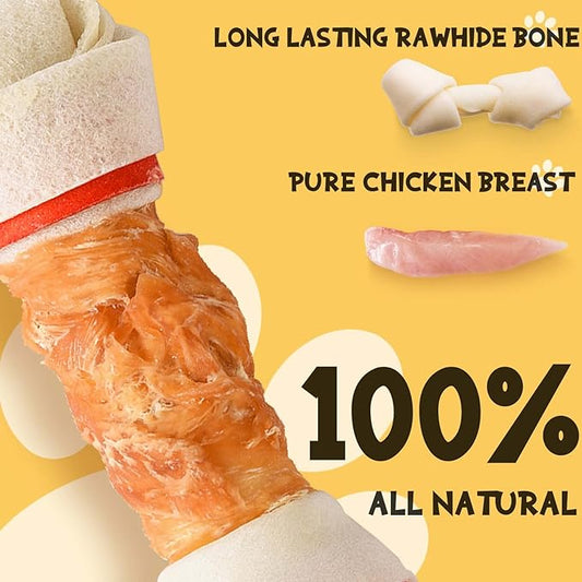 ASMPET Dog Treats Chews, 6.5" Chicken Wrapped Rawhide Knotted Bones Dental Care Chews for Small Medium Large Breeds（4 Pieces）