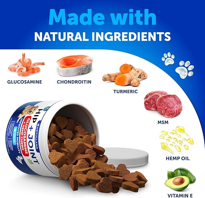 Hemp Hip and Joint Supplement for Dogs - Glucosamine for Dogs Joint Pain Relief - Chews with Chondroitin, MSM, Hemp Oil - Mobility Support, Cartilage Health - For Large, Small breeds - 120 Soft Treats
