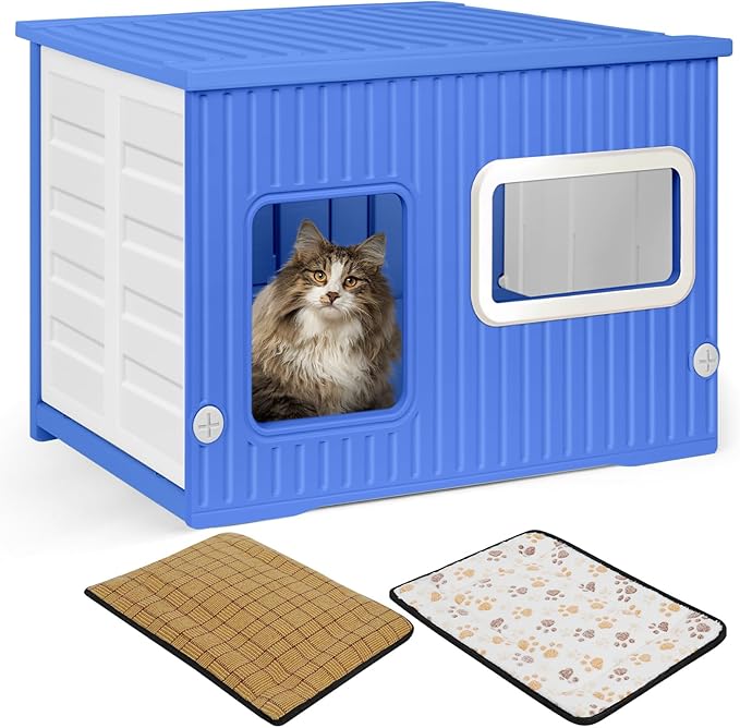 Plastic Cat House for Outdoor Indoor Use, Stackable Feral Cat Shelter Indoor Cat House Weatherproof Waterproof Elevated, with 2-Sided Cushion (Blue White)