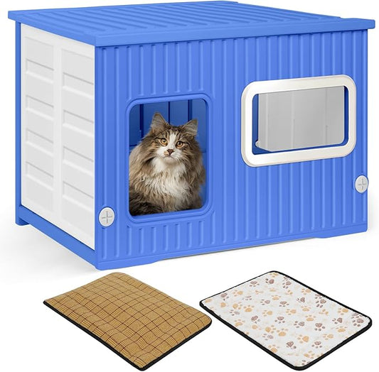 Plastic Cat House for Outdoor Indoor Use, Stackable Feral Cat Shelter Indoor Cat House Weatherproof Waterproof Elevated, with 2-Sided Cushion (Blue White)