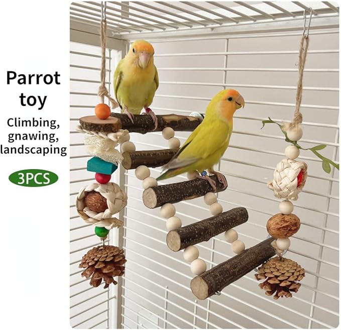 3pcs Bird Climbing Ladder Bridge Chewng Toy Set Bird Cage Toy Funny Parrot Cage Hanging Parrot Cage Bite Toys Parakeet Cage Wooden Parrot Toys Random Color