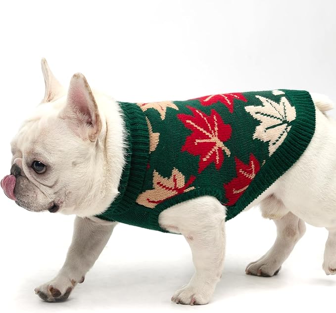 KOOLTAIL Fall Dog Sweater, Thanksgiving Dog Sweater with Autumn Maple Leaf Pattern, Cold Weather Pet Knitted Winter Coats Clothes Turtleneck Pullover for Small Medium Large Dogs Cat Boy Girl, Green L