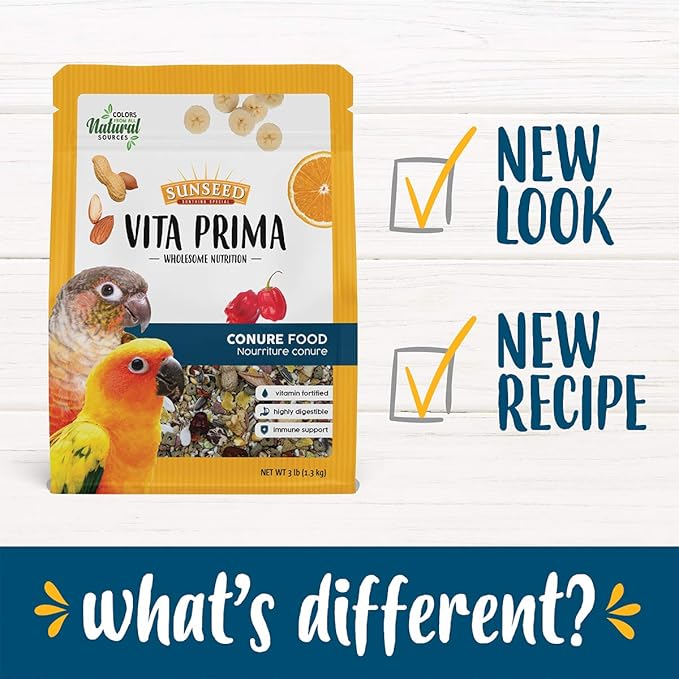 Sunseed Vita Prima Conure Food – Nutrient-Rich Blend with Fruits, Vegetables & Seeds Supports Healthy Feathers, Eyes & Active Energy – 3 lb Bag