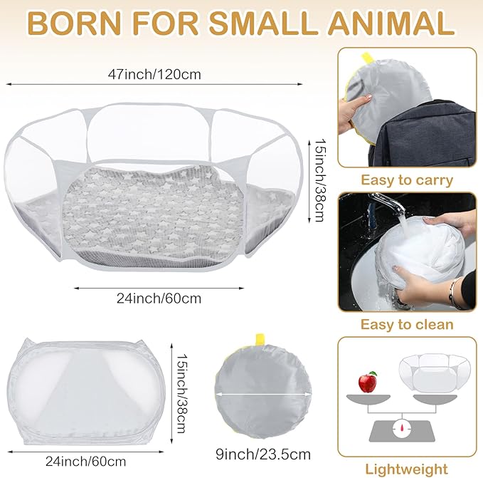 Hamster Playpen with Mat Small Animal Cage Tent Breathable Transparent Guinea Pig Playpen Waterproof Portable Yard Fence Mat Foldable Exercise Playpen Outdoor Indoor (Gray,Star)
