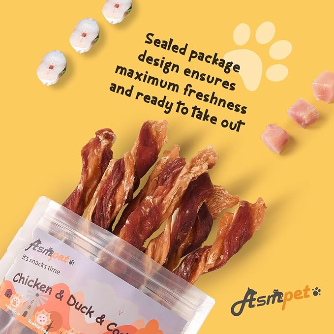 ASMPET Dog Treats Chews, Triple Flavor Chicken Duck and Cod Twisted Jerky Sticks for Small Medium Large Dogs 10.6 oz
