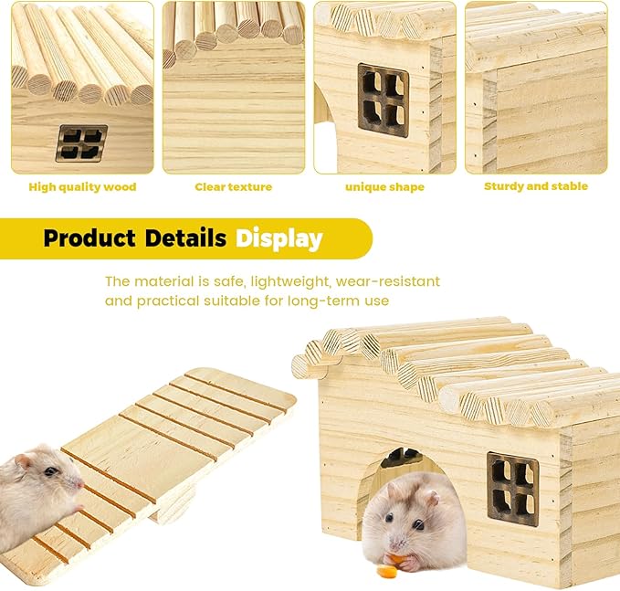 Wooden Hamster Platform and Dwarf Hamster House, Cute Syrian Tiny House Hideout, Small Animal Pet DIY Accessories for Rats, Gerbils & Small Pets (All-in-one)