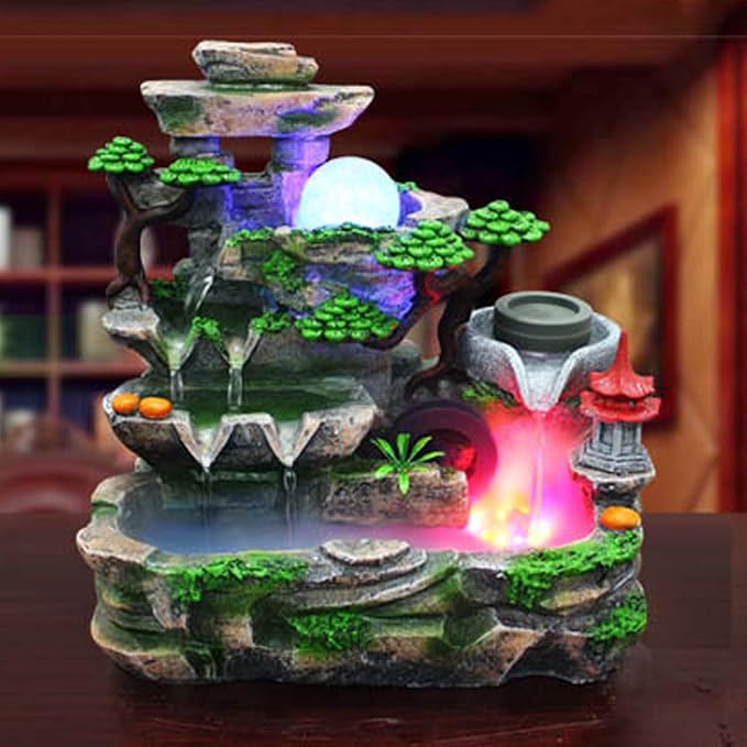 Tabletop Waterfall Fountain with Rockery, Mini Silent Indoor Ornament Desk Calming Water Fountain Desktop Simulation Resin with Atomizer LED Light for Office Bedroom Home Table Decor Multi-Layer