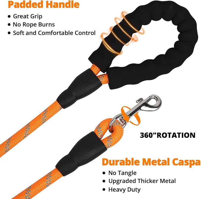 Rope Dog Leash 6 FT: Heavy Duty Leashes with Swivel Lockable Hook Reflective Threads Bungee and Padded Handle - Dog Lead for Large Small Medium Dogs Outside Walking Hiking Orange
