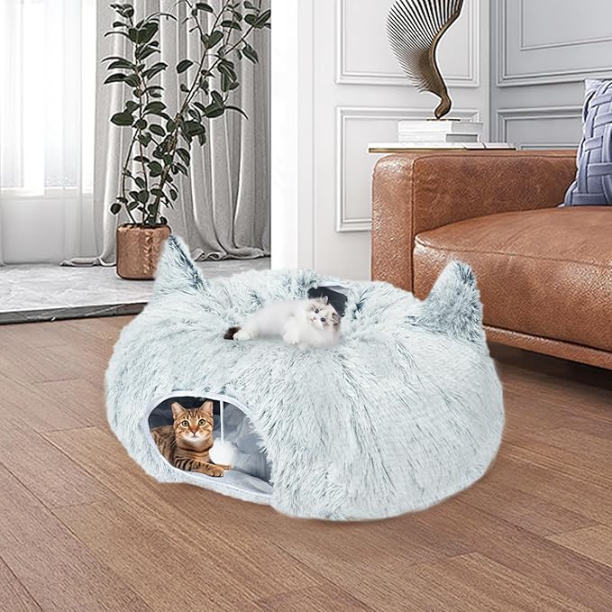 Plush Feline Tunnel Bed with Central Cushion - Indoor Cat Tunnels - Donut-Shaped Cat Bed with Anti-Slip Base - Spacious Cat Tunnel Hideaway for Kittens, Rabbits, Puppies, Ferrets