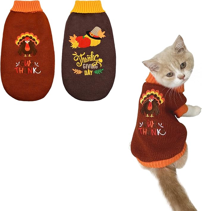 Vehomy 2Pcs Dog Cat Thanksgiving Sweaters Dog Pumpkin Turkey Sweaters Thanksgiving Dog Cat Turtleneck Knitwear Shirt Clothes Dog Puppy Halloween Costume Clothes for Small Medium Dogs Cats XS