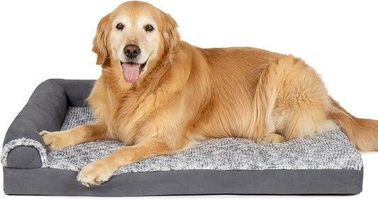 Furhaven Orthopedic Dog Bed for Large/Medium Dogs w/ Removable Bolsters & Washable Cover, For Dogs Up to 55 lbs - Two-Tone Plush Faux Fur & Suede L Shaped Chaise - Stone Gray, Large