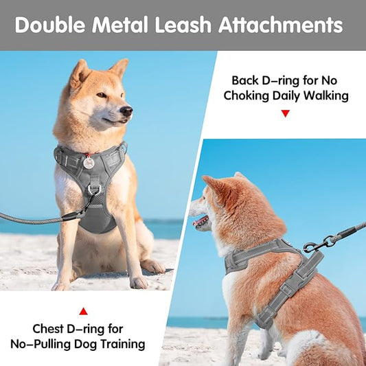PoyPet No Pull Dog Harness and 5 Feet Leash Set, Release on Neck Reflective Adjustable Pet Vest, Front & Back 2 D-Ring and Soft Padded Pet Harness with Handle for Small to Large Dogs(Grey,M)
