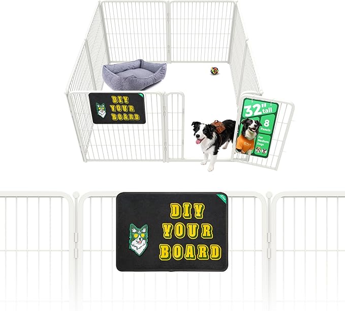 FXW Homeplus Unleashed Indoor Dog Playpen - Stress-Free and Safe Play, Heavy Duty 32 Inch 8 Panels with Magnetic Hook & Loop Patch Board for Small and Medium Dogs, White│Patented