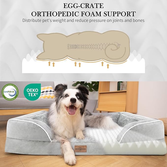 Comfort Expression Large Dog Beds Orthopedic Foam, Waterproof Dog Beds for Dogs Sofa Comfy Pet Bed with Washable Removable Cover & Non-Slip Bottom(Large,Grey White)