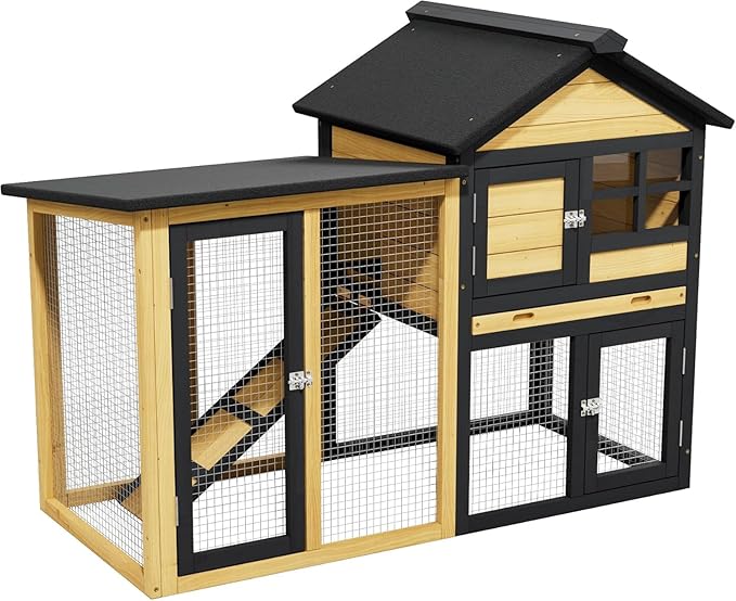 Bunny Cage Premium Rabbit Hutch with Leak-Proof Roof, 2-Story Bunny House for Guinea Pigs & Hamster,Wooden Chicken House with Deep Pull-Out Tray, Waterproof Chicken Coop for Outside (Yellow Black)