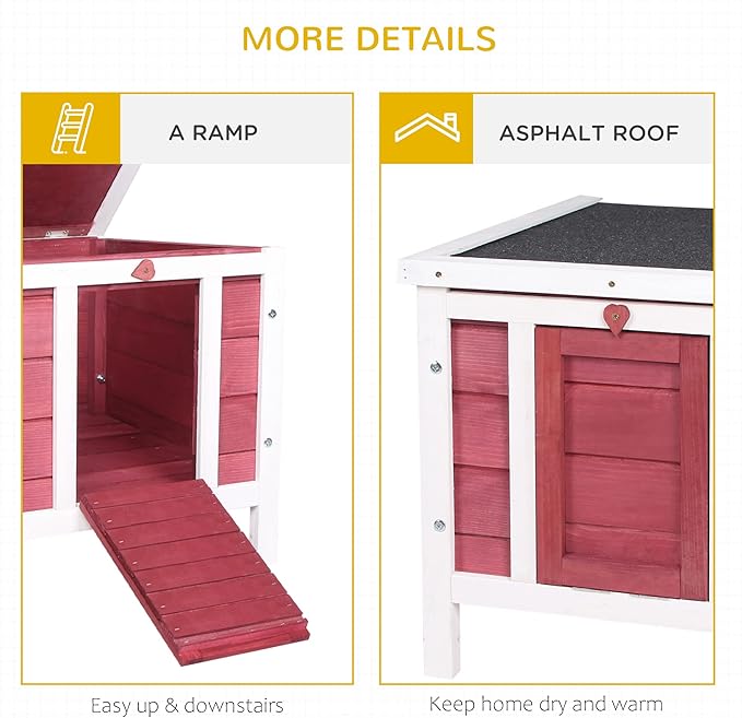 PawHut Small Wooden Rabbit Hutch Bunny Cage Guinea Pig Cage Duck House Dog House with Openable & Waterproof Roof, Red