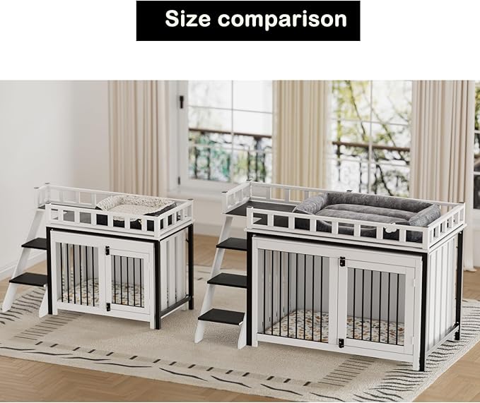 PakaLife Loft-Style Dog Crate Furniture with Double Doors, Heavy Duty Dog Kennel Indoor for Medium and Large Dogs, Wooden Pet House with Multi-Purpose Blanket and Fluffy Dog Bed