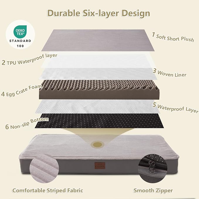 Orthopedic Dog Beds for Medium, Small Dogs - Plush Washable with Egg Crate Foam, Waterproof with Removable Cover & Anti-Slip Bottom, Comfy Striped Dog Bed for Crate, 31x25 Inch, Gray