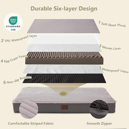 Orthopedic Dog Bed for Extra Large Dogs, Soft Plush Washable with Egg Crate Foam, Waterproof with Removable Washable Cover & Anti-Slip Bottom, Comfy Striped Dog Crate Bed, 46x30 Inch, Gray