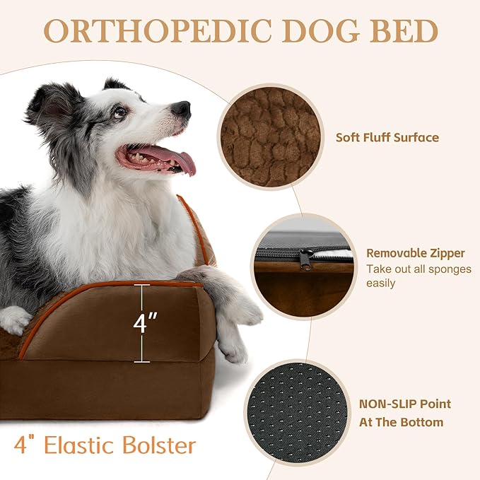 Comfort Expression Large Dog Beds Waterproof Orthopedic Foam Dog Sofa Beds Comfy Pet Bed with Washable Removable Cover & Non-Slip Bottom(Large,Chocolate Brown)