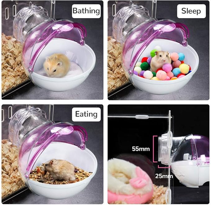Small Animal Bath House,Pet Toy Acrylic Hamster Bathroom Cage Toilet Bathtub Sand Bath Container Removable, Suitable for Chinchilla Syrian Hamster Gerbil (Pink)