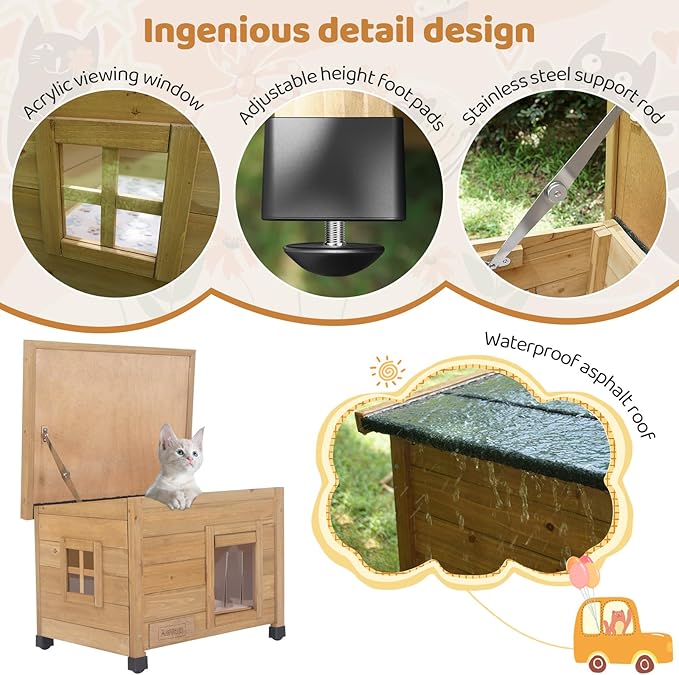 Outdoor Wooden Pet House, Weatherproof Winter Shelter for Dogs and Cats, Elevated Design with Window (Yellow, 22.56 * 17.71 * 16.73)