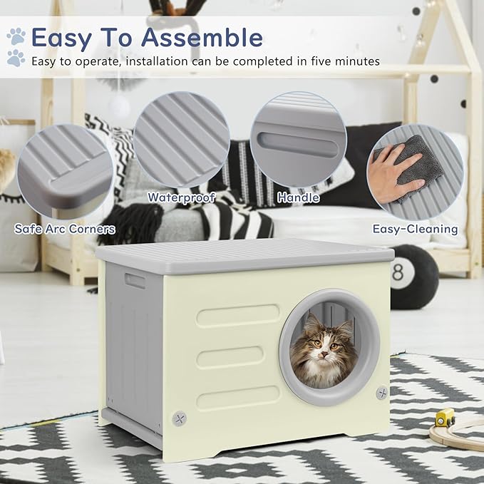 Plastic Cat House for Outdoor Indoor Use, Stackable Feral Cat Shelter Indoor Cat House Weatherproof Waterproof Elevated, with 2-Sided Cushion (Grey)